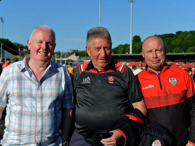 Derry City fans at the game against Shelbourne in the Ryan McBride Brandywell Stadium. Photo: George Sweeney. DER2321GS - 60