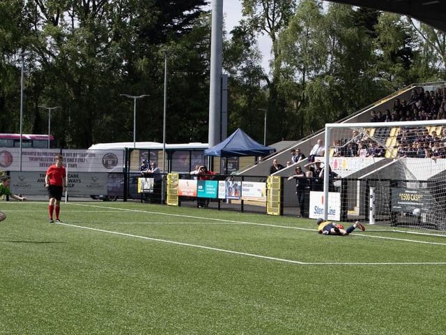 St. Joseph's striker Liam Gallagher slots away this penalty to put his side 1-0 in front against Aquina Grammar (Belfast) in Thursday's Final at the Danny Blanchflower Stadium, Belfast. (Photos: Jim McCafferty Photography)