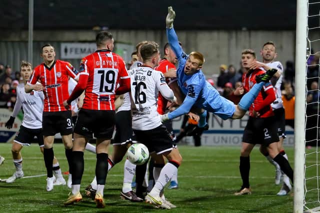 Nathan Shepperd of Dundalk in midflight as the Lilywhites secured a 0-0 draw against Derry at Brandywell back in March.