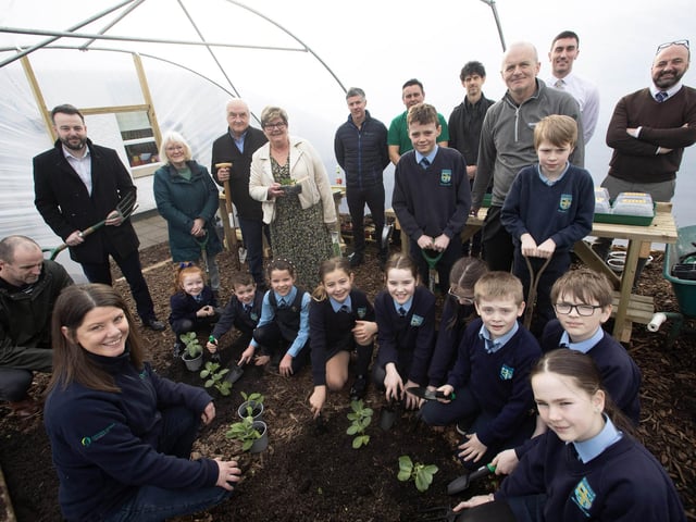 Hollybush pupils hard at work in their new polytunnel last week.