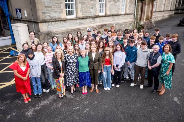 1. Staff and pupils from Lumen Christi College celebrating exam results at the school yesterday.