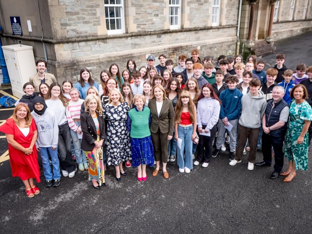 1. Staff and pupils from Lumen Christi College celebrating exam results at the school yesterday.