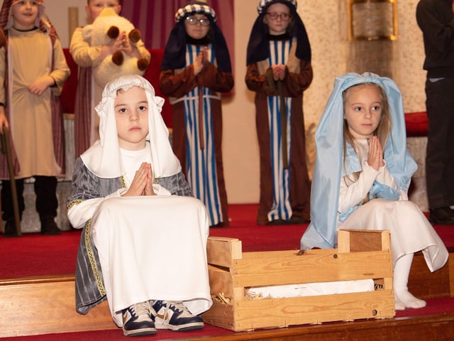 Mary, Joseph and the Baby Jesus pictued on the altar during Wednesday's St. Brigid's PS Nativity.