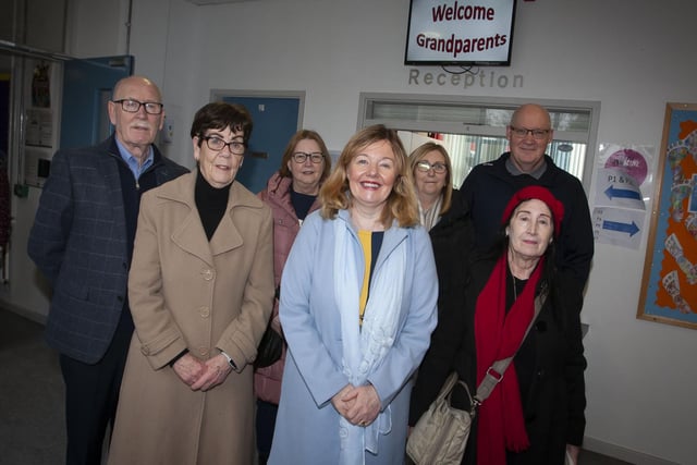 Mrs. Siobhan Gillen, Principal, Steelstown PS, pictured on Wednesday morning with some of the grandparents who attended the ‘Grandparents To School Day’. (Photos: Jim McCafferty Photography)