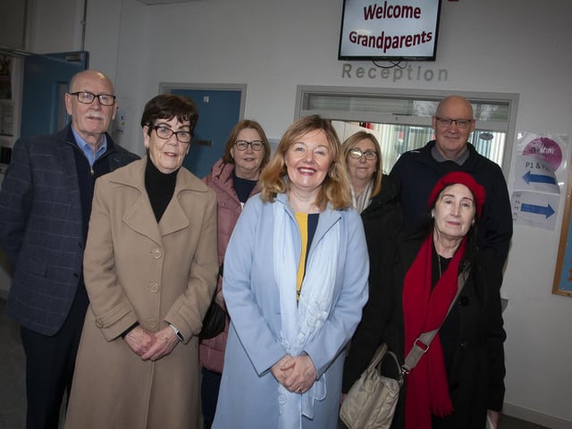 Mrs. Siobhan Gillen, Principal, Steelstown PS, pictured on Wednesday morning with some of the grandparents who attended the ‘Grandparents To School Day’. (Photos: Jim McCafferty Photography)