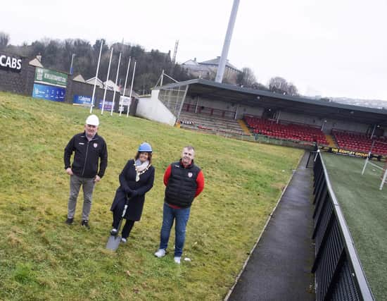 BRANDYWELL STADIUM WORK TO START THIS WEEK. . . .The Mayor of Derry City and Strabane District Council, Patricia Logue pictured with Robbie Martin and Sean Barrett, Directors, Derry City FC for the official announcement that the initial stages of works for the redevelopment plans at the Ryan McBride Brandywell Stadium will commence later this week. (Photo: Jim McCafferty Photography)