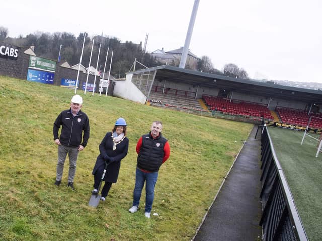 BRANDYWELL STADIUM WORK TO START THIS WEEK. . . .The Mayor of Derry City and Strabane District Council, Patricia Logue pictured with Robbie Martin and Sean Barrett, Directors, Derry City FC for the official announcement that the initial stages of works for the redevelopment plans at the Ryan McBride Brandywell Stadium will commence later this week. (Photo: Jim McCafferty Photography)