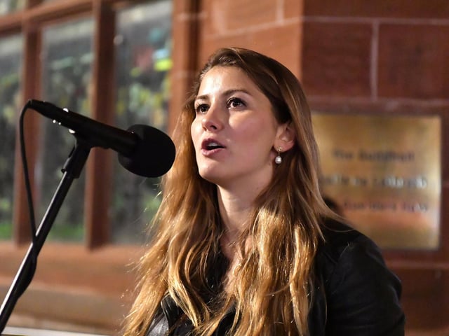 Cassie Jane, Foyle Women's Information Network, speaking at the Rally for Women's Safety held in the Guildhall Square on Friday evening. Photo: George Sweeney