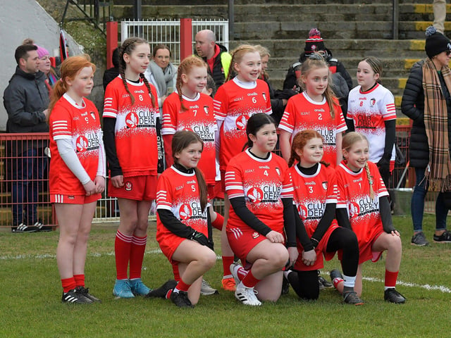 Young footballers from Club Derry played at half-time in Celtic Park on Saturday evening. Photo: George Sweeney