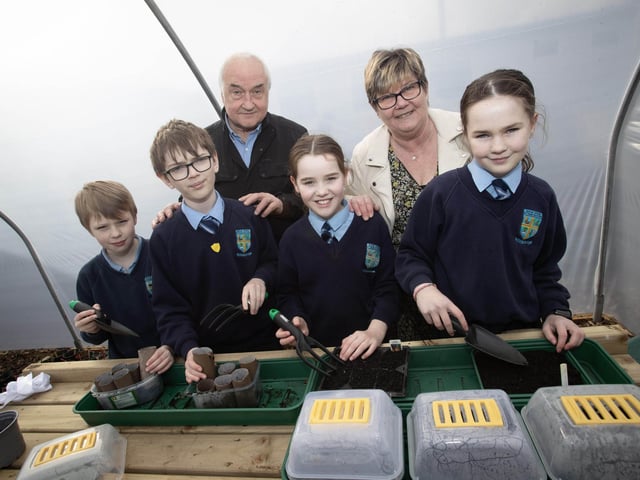 Paul Kirby and Angela Dobbins, Hollybush PS board of governers pictured with Luca, Roan, Annie and Erin.