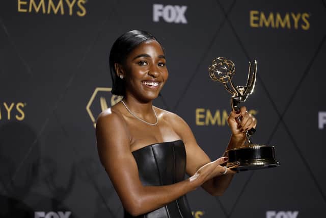 Ayo Edebiri, winner of the Outstanding Supporting Actress in a Comedy Series award for 'The Bear,' poses in the press room during the 75th Primetime Emmy Awards at Peacock Theater on January 15, 2024 in Los Angeles, California. (Photo by Frazer Harrison/Getty Images)
