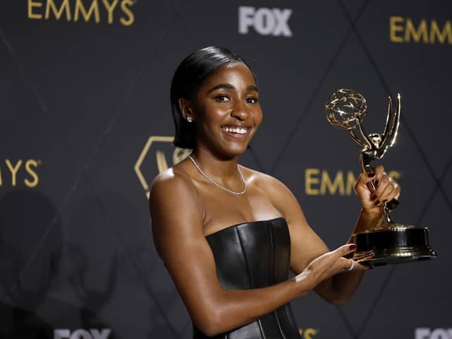 Ayo Edebiri, winner of the Outstanding Supporting Actress in a Comedy Series award for 'The Bear,' poses in the press room during the 75th Primetime Emmy Awards at Peacock Theater on January 15, 2024 in Los Angeles, California. (Photo by Frazer Harrison/Getty Images)