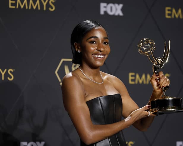 Ayo Edebiri, winner of the Outstanding Supporting Actress in a Comedy Series award for 'The Bear,' poses in the press room during the 75th Primetime Emmy Awards at Peacock Theater on January 15, 2024 in Los Angeles, California. (Photo by Frazer Harrison/Getty Images)