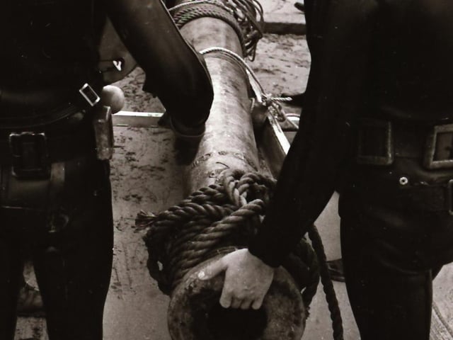November 1975: Derry Sub Aqua Club members recover a cannon from La Trinidad Valencera four years on from discovering the 1588 Spanish Armada wreck off Kinnego Bay in Inishowen, Donegal.