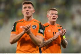 James McClean, right, has questioned the morals of his former international teammates, including captain Dara O'Shea, left, for opting to play in the upcoming Nations League games against Israel. Photo by Stephen McCarthy/Sportsfile
