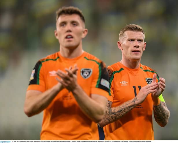 James McClean, right, has questioned the morals of his former international teammates, including captain Dara O'Shea, left, for opting to play in the upcoming Nations League games against Israel. Photo by Stephen McCarthy/Sportsfile