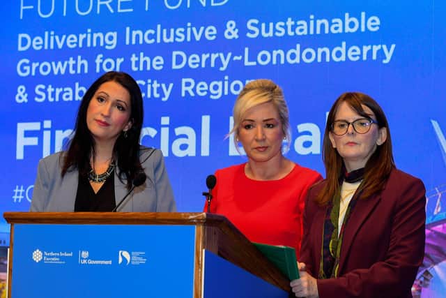 Deputy First Minister Emma Little-Pengelly, First Minister Michelle O’Neill and Dr Caoimhe Archibald, Finance Minister pictured at the Signing of the Financial Deal for Derry and Strabane region at the Guildhall on Wednesday morning. Photo: George Sweeney