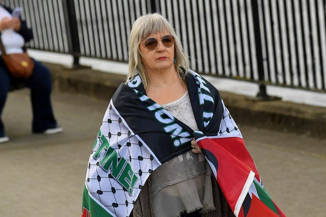 People gather for a Vigil for Gaza held on the Peace Bridge on Friday Evening, organised by the Derry Irish Palestinian Solidarity Campaign. Photo: George Sweeney