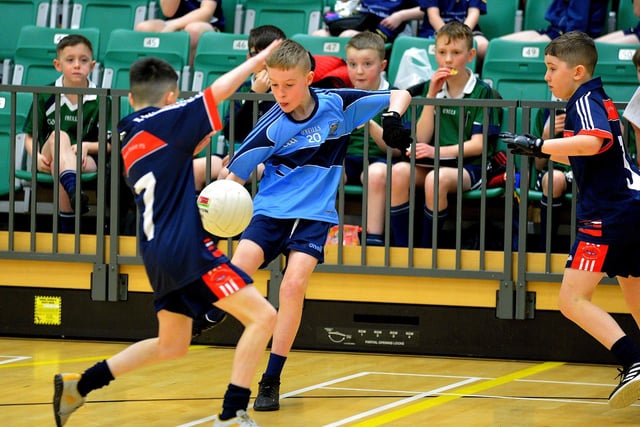 Hollybush take on St Oliver Plunketts in the Boys' Indoor Football City Championships played in the Foyle Arena. Photo: George Sweeney. DER2306GS  14