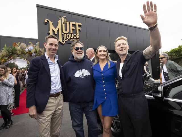 Muff Liquor company founder and CEO, Laura Bonner, with Russel Crowe, Ronan Keating and Ryan Tubridy attending the opening of new €1 million Brand Home for The Muff Liquor Company in the village of Muff in Co. Donegal. . Photo by Joe Dunne