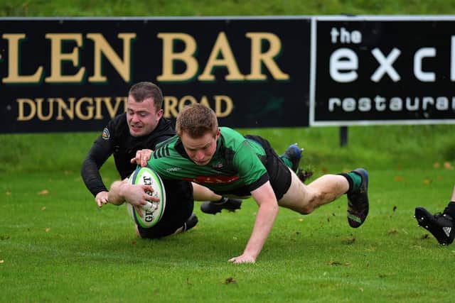 Connemara’s Henry O’Toole fails to stop City of Derry’s David Lapsley scoring a first half try during their All Ireland Junior Cup game at Judges Road on Saturday afternoon. Photo: George Sweeney