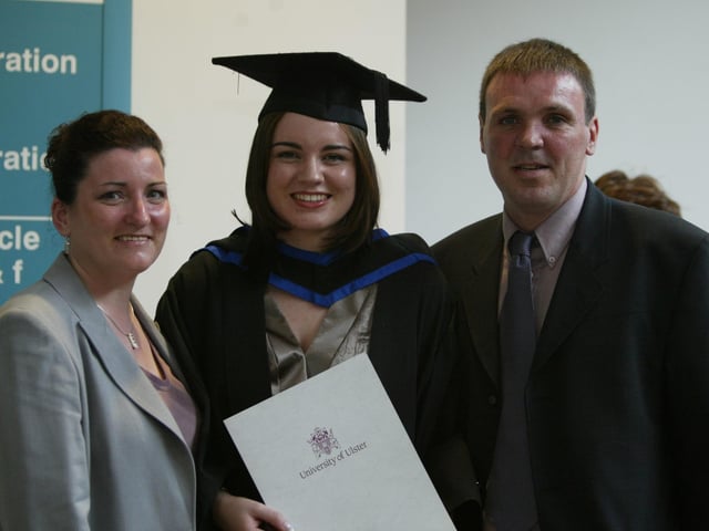 Roisin Gallagher who was conferred with her degree in Peace and Conflict Studies pictured with her proud parents Geraldine and Brendan. (1107JB67)