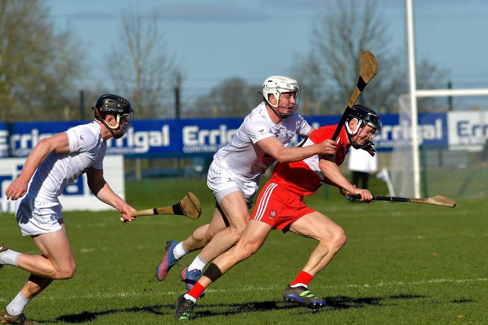 Kildare pair Rian Boran and Conan Boran close in on Derry’s Carey O’Reilly during last season's league encounter. Photo: George Sweeney.