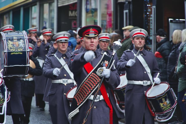 Bandsmen parading on Ferryquay Street during the 'Shutting of the Gates' demonstration on Saturday.