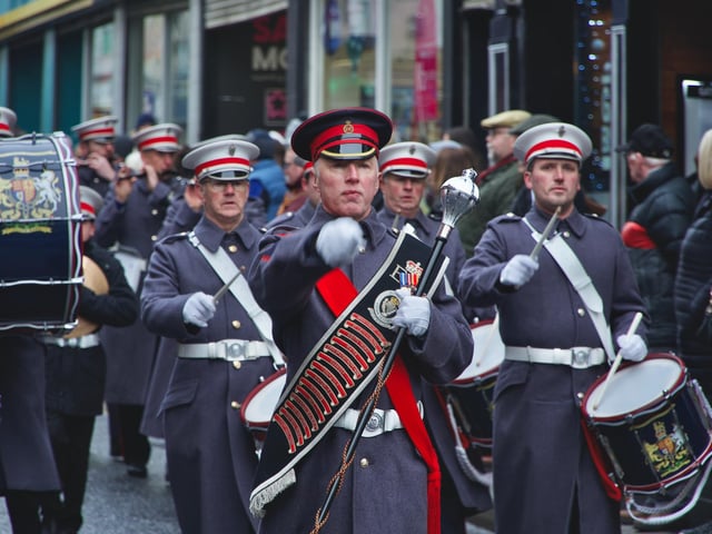 Bandsmen parading on Ferryquay Street during the 'Shutting of the Gates' demonstration on Saturday.