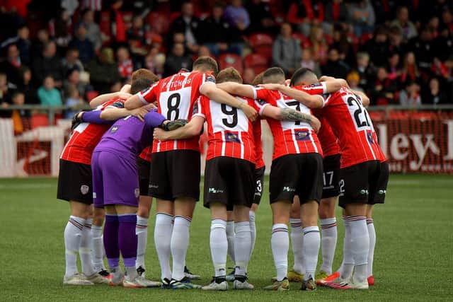Derry City players in a team huddle before the game. Photo: George Sweeney. DER2320GS – 118