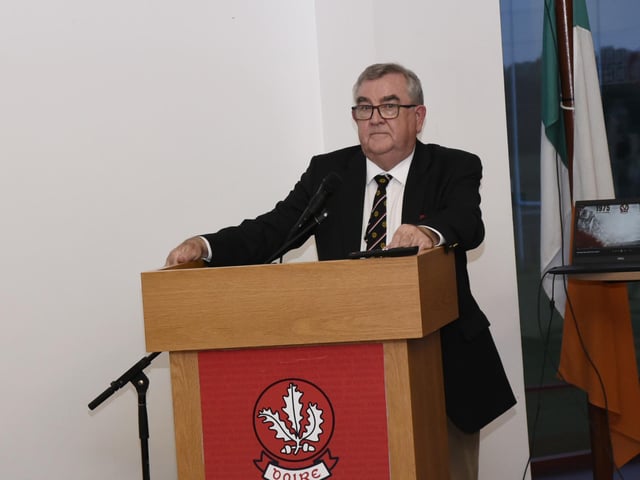 Sean Bradley addresses the gathering in Find Insurance Owenbeg on Friday.