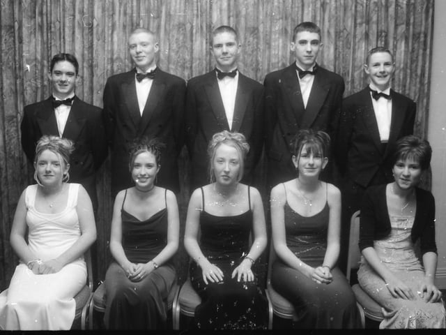 Front, from left, are Debbie Hazlett, Gemma Mooney, Hayley Edgar, Janine Corbett and Sarah Deeney. Back, from left, are Jonathan Hay, James Olphert, Gary Peoples, Simon Peoples and Jonathan Thompson at the Clondermott High School Annual Formal in November 1999.