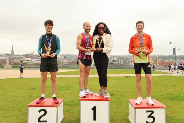 THe Mayor with the Mens winners at the 2024 Waterside Half Marathon.