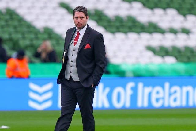 Derry City manager Ruaidhri Higgins, suited and booted before kick-off.