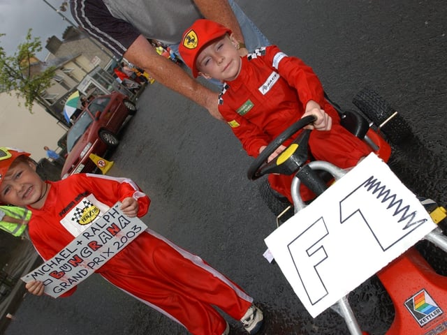 Conor Callaghan and Matthew Porter, dressed up as their favourite racing drivers at Buncrana Music Festival.