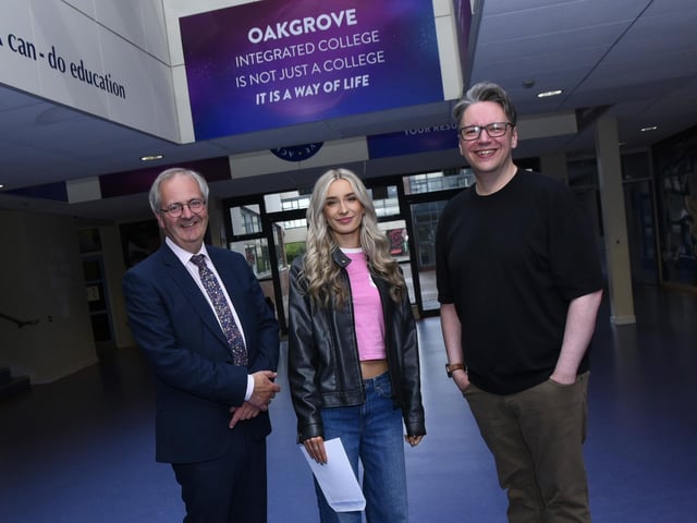 Oakgrove College A Level student Emma Thompson, pictured with Principal John Harkin and Damian McDonald on Thursday morning.