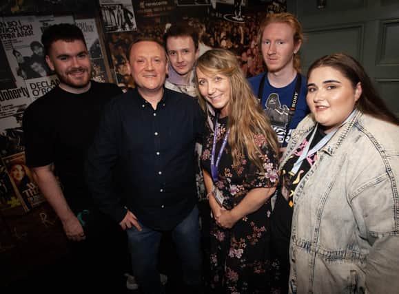 Dee McLaughlin pictured with the group from HURT after Wednesday's screening at the Nerve Centre, Derry.