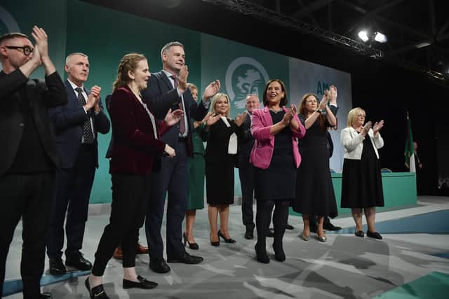 Sinn Fein president Mary Lou McDonald applauds the conference following her leader's speech during the Sinn Fein Ard Fheis on November 11, 2023 in Athlone, Ireland. (Photo by Charles McQuillan/Getty Images)