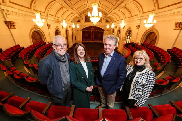Dr. Paul Mullan, NI Director, The National Lottery Heritage Fund with Conal McFeely, Chair, St Columb’s Hall Trust, Anne Marie Gallagher, Project Director, and Helen Quigley, Trustee at St Columb’s Hall, Derry, for the announcement of funding totalling £751,727 from The National Lottery Heritage Fund for repair and re-opening of the historic building. 