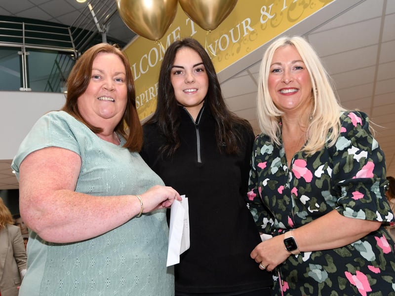 Cara Gillispie, pictured with her proud mum, Sharon, and Stacey Beatty, right, Vice-Principal, at St. Cecilia's College.