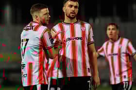 Derry City goal scorer Dom Thomas is congratulated Michael Duffy. Photograph: George Sweeney