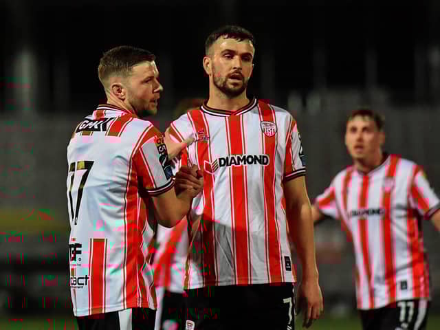 Derry City goal scorer Dom Thomas is congratulated Michael Duffy. Photograph: George Sweeney