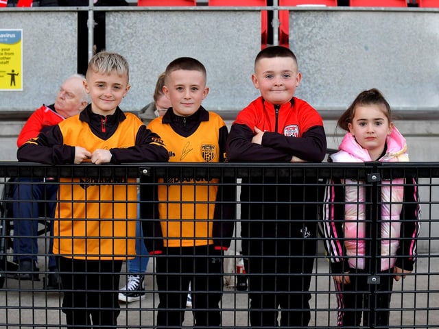 Young fans at the Brandywell, on Friday evening, for Derry City’s game against Drogheda United. Photo: George Sweeney. DER2314GS – 22
