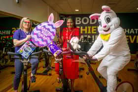 Mayor Lilian Seenoi Barr and the Easter Bunny launching Derry City and Strabane District Council's Easter Egg Appeal at Riversdale Leisure Centre. They are pictured with Jennifer Rouse from the Children's Ward at Altnagelvin Hospital.