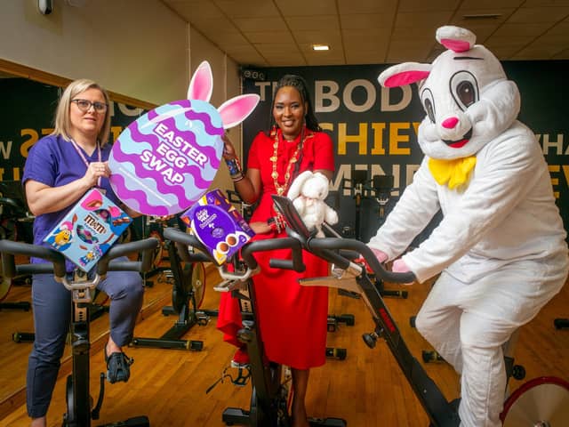 Mayor Lilian Seenoi Barr and the Easter Bunny launching Derry City and Strabane District Council's Easter Egg Appeal at Riversdale Leisure Centre. They are pictured with Jennifer Rouse from the Children's Ward at Altnagelvin Hospital.