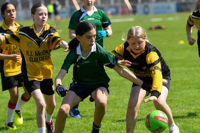 Derry Primary Schools Girls' Tower Cup Finals at Celtic Park: Gaelscoil Cholmcille take on Good Shepherd PS. Photo: George Sweeney.