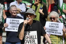 Veteran Civil and Human Rights campaigner Eamonn McCann speaking at the Defend the Right to Protest Rally held in Guildhall Square on Saturday afternoon. Photo: George Sweeney