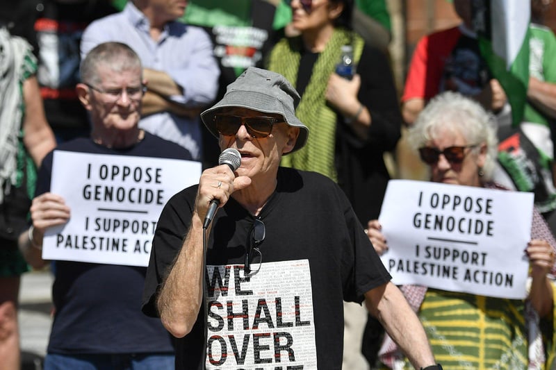 Veteran Civil and Human Rights campaigner Eamonn McCann speaking at the Defend the Right to Protest Rally held in Guildhall Square on Saturday afternoon. Photo: George Sweeney