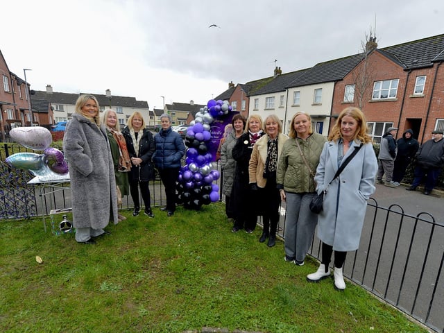 Friends of Annette McDaid pictured at the unveiling of a bench, in her memory in Culdaff Gardens, Creggan. Photo: George Sweeney