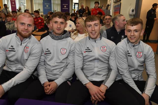 Derry City players Mark Connolly (captain), Ronan Boyce, Sam Todd and Ciaron Harkin pictured at the launch of Derry City’s Scholarship program at St Joseph’s Boy’s school. Photo: George Sweeney